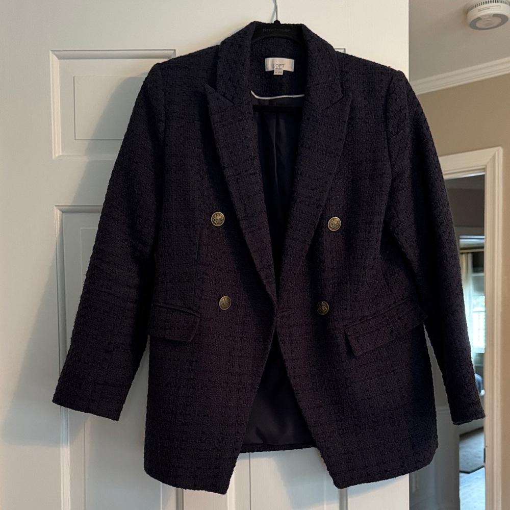 LOFT Navy Textured Blazer with Antique Gold Accents